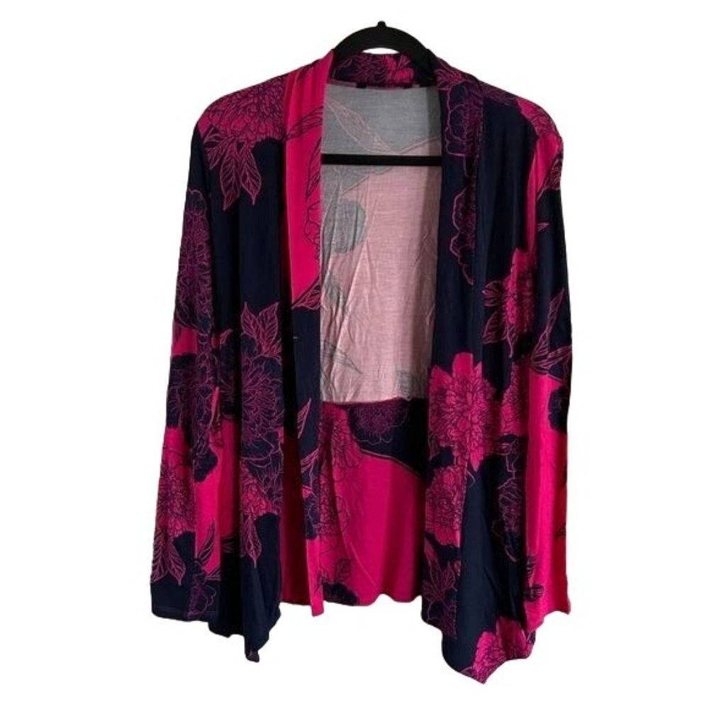 IMAN Sz Small Floral Open Cardigan Cover Navy Blue Hot Pink